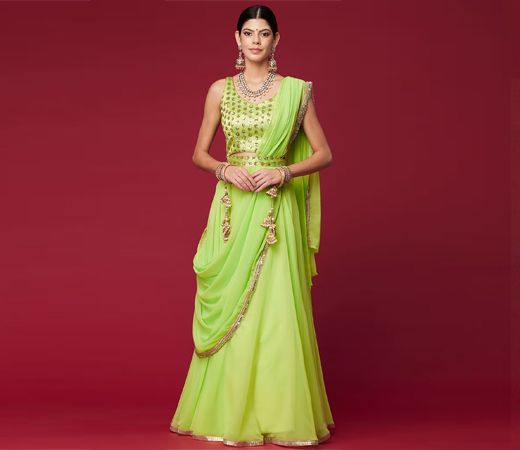 Lime Green Draped Semi Stitched Lehenga Saree (Set of 3)