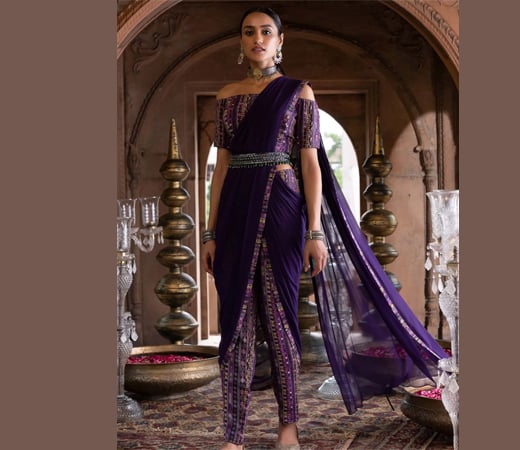 Purple Printed Pant Saree with Stitched Blouse and Belt (Set of 3)