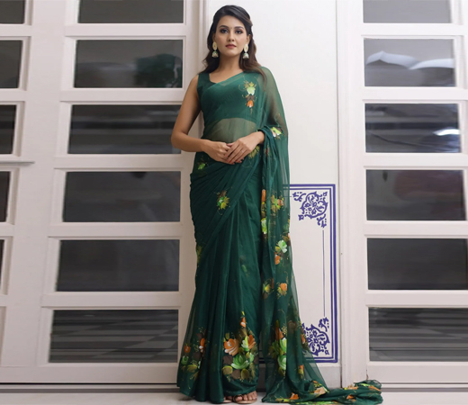 Freesia Handpainted Chiffon Saree with Unstitched Blouse