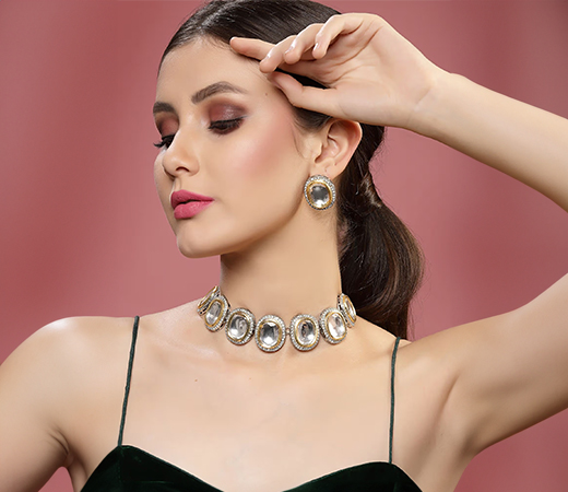 Silver Gold Plated AD and Kundan Stone Studded Choker Jewellery (Set of 2)