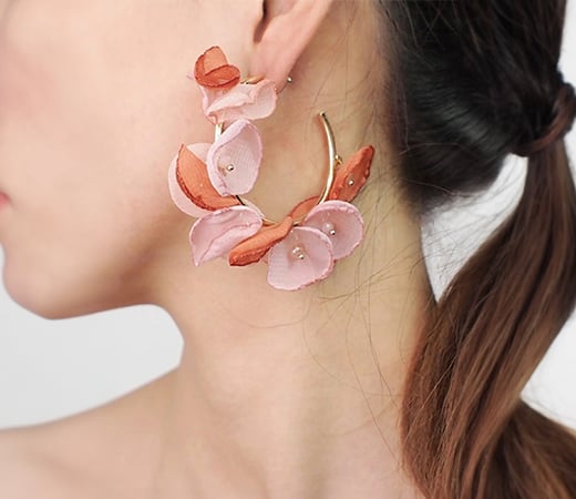 Pink Boho Handmade Flower Half Hoop Earrings