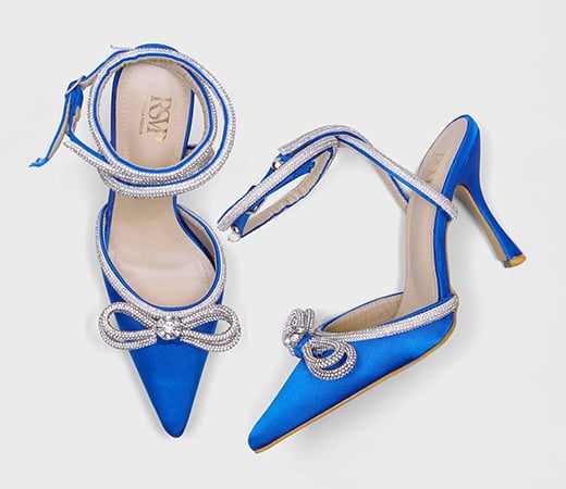 Royal Blue Pointed Toe Embellished Bow Ankle Strap Stilettoes