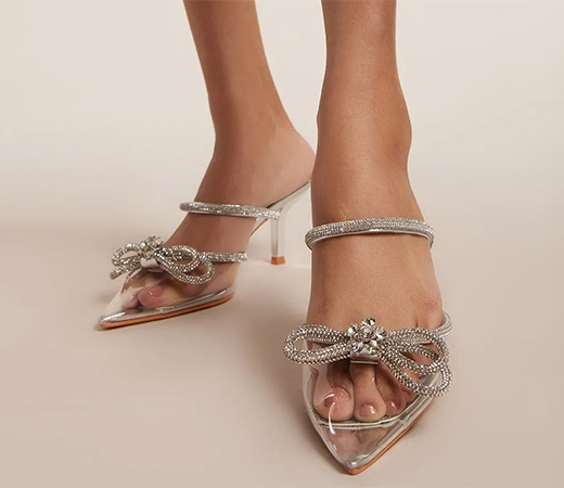 Silver Pointed Toe Embellished Bow Stilettoes