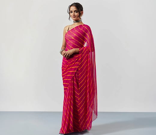 Pink Leheriya Stripes Chiffon Saree with Unstitched Blouse