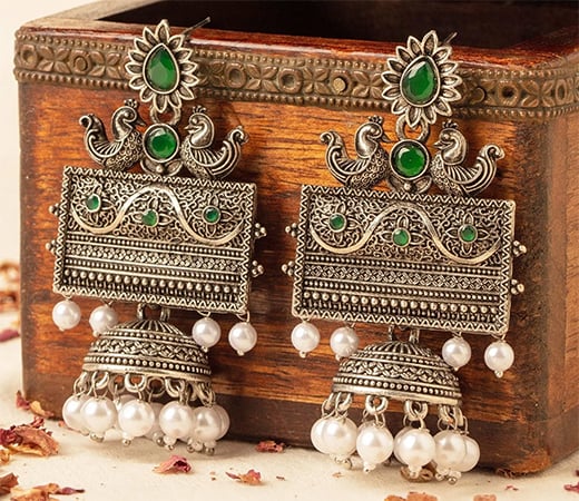 Oxidised Silver Danglers With Peacock Motif And Pearl Drops