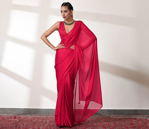 Ruby Red Chiffon Saree with Unstitched Blouse