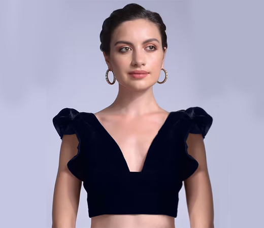 Navy Blue Blouse in Velvet with a Trapeze Neck and Ruffle Sleeves