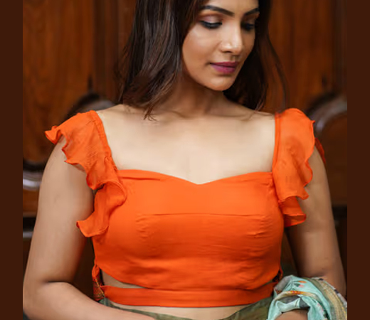 Orange Chiffon Sweetheart Neck Blouse with Ruffle Sleeves