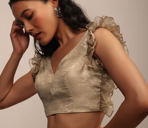 Golden Sleeveless Blouse in Satin Glam Gold with Ruffle Sleeve Frill