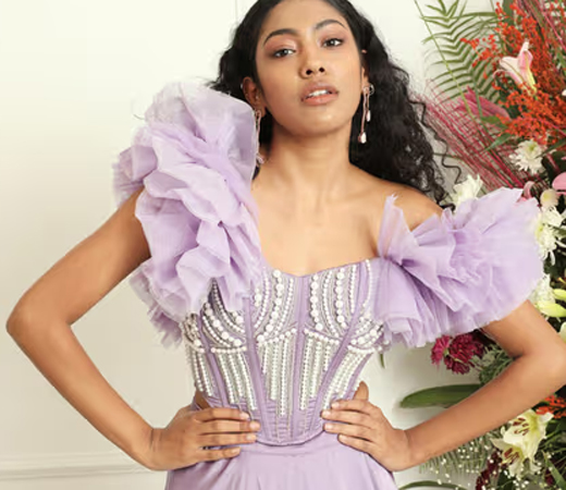 Leila Lavendar Hand Embroidered Corset With Ruffle Sleeves