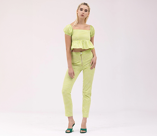 Lime Green Gingham Checked Tapered Pant