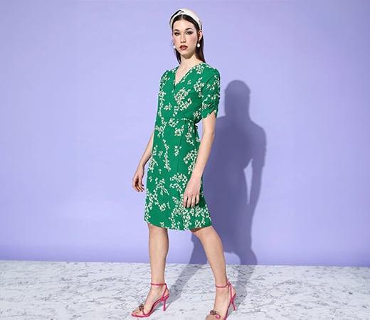 Green & White Floral Printed V Neck Puff Sleeves Wrap Dress