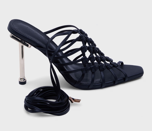 Bold Black Woven Strappy Stiletto Tie Up Heel