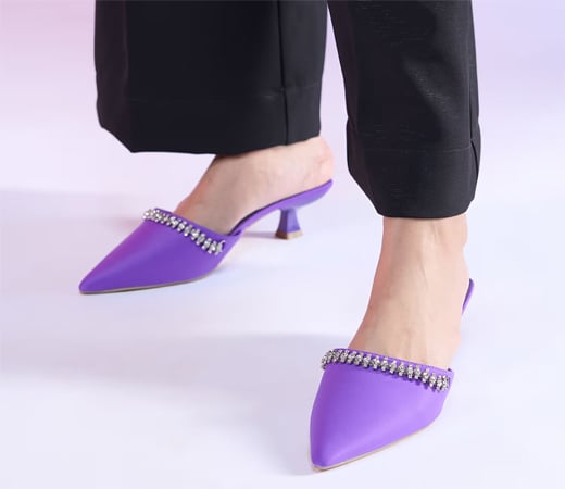 Purple Pointed Toe Embellished Mule Kitten Heels