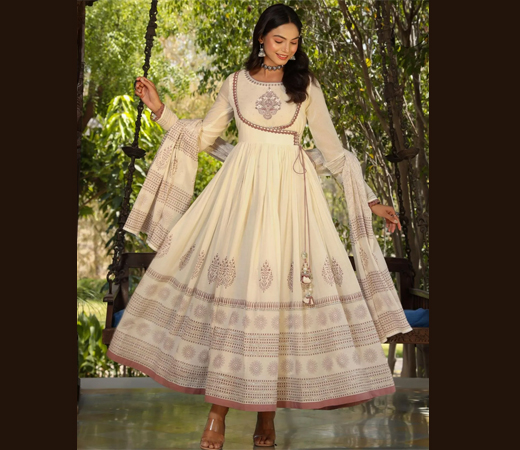 Embroidered Printed Gota Angrakha Anarkali With Mul Cotton Printed Dupatta