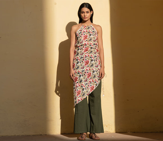 Ivory Floral Print Halter Neck Assymetrical Kurta With Flared Pant