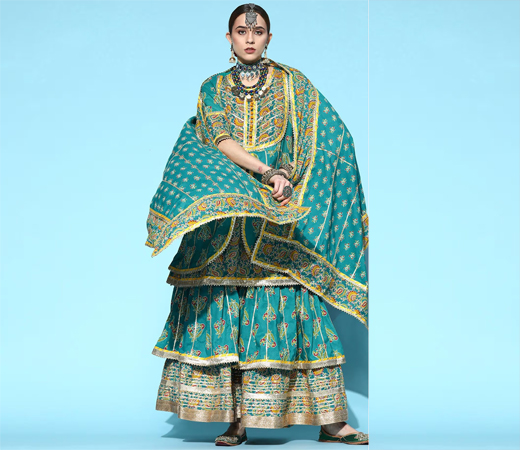 Women's Cotton Sea Green Embroidered A-Line Layered Kurta Sharara Dupatta 