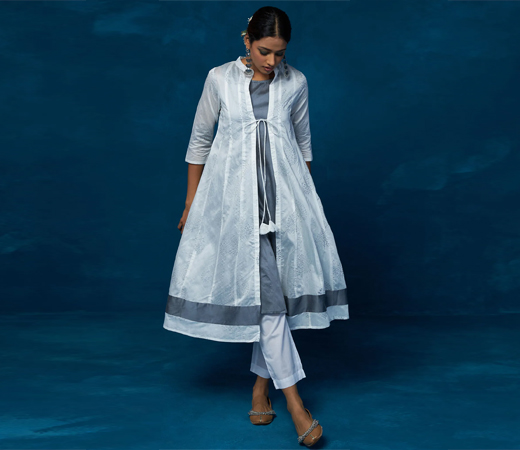 Silver Printed Grey and White Anarkali Jacket Kurta