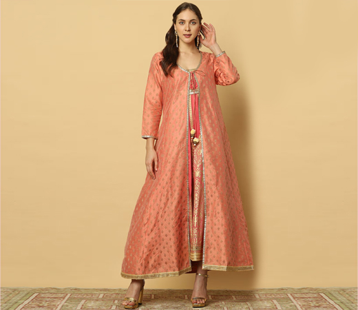 Women Embroidered Peach Kurta & Jacket Set