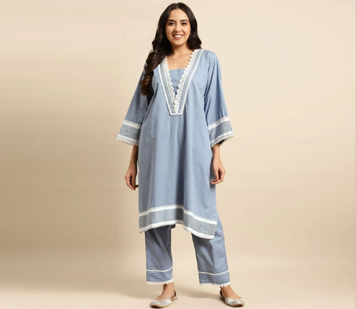 Grey V Neck Pure Cotton Kurta With Stylish Neck Detailing