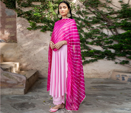 Baby Pink Flare Kurta And Palazzo With Leheria Dupatta