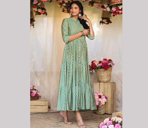 Teal Modal Chevron Print Gota Tiered Flare Kurta Dress