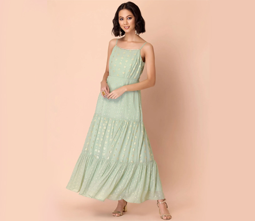 Light Green Foil Print Tiered Kurta