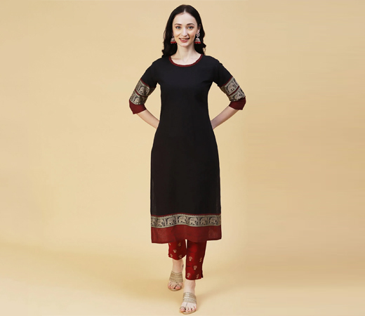 Solid Woven Resham Design Kurta Black