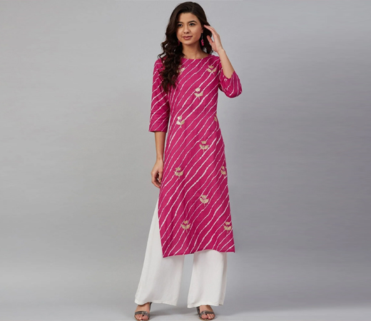 Women Pink & White Leheriya Printed Straight Kurta