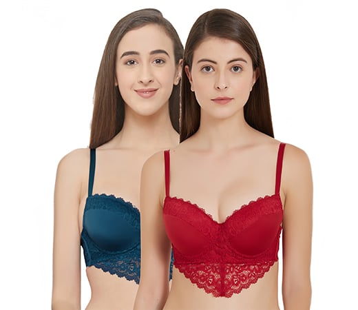Semi/Medium Coverage Padded Wired Demi Cup Lace Bra-Pack of 2-Multi-Color