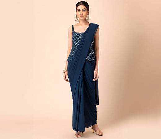 Teal Blue Pre-stitched Saree With Attached Sequin Peplum Blouse