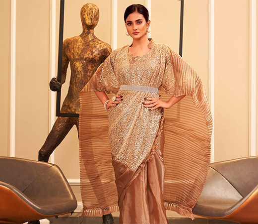 Beige Designer Kaftan Saree with Sequins Work and Belt with Unstitched Blouse