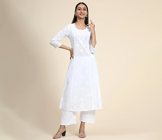Hok Chikankari For Women Long Kurta White