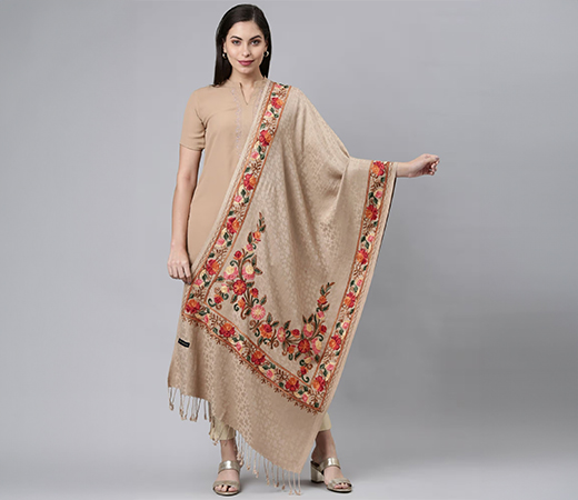 Women Beige Aari Embroidered Shawl