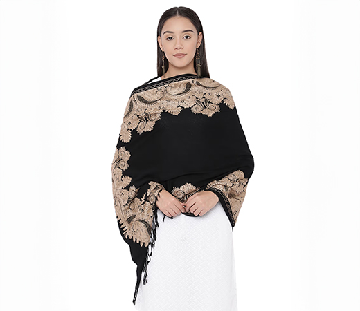 Black Pure Wool Kashmiri Aari Embroidered Stole