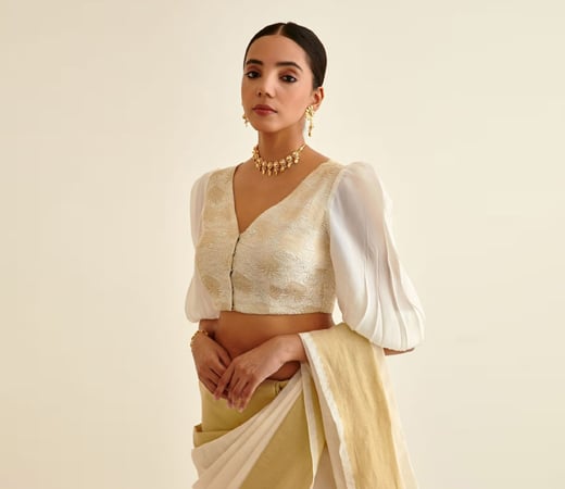 Soft White Uppada Silk Blouse with Puff Sleeves