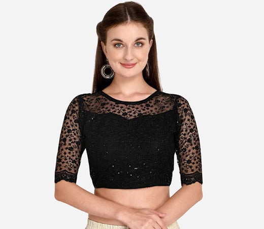 Womens Embroidered & Sequences Work Black Net Stiched Blouse With Boat Neck