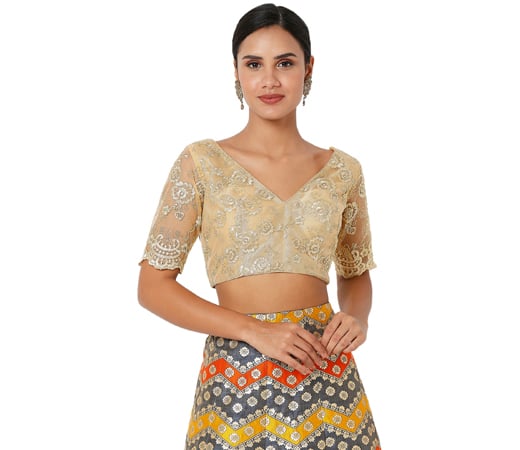 Womens Gold Net Embroidered Readymade Saree Blouse