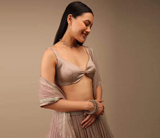 Shadow Beige Backless Blouse in Satin with Plunging Sweetheart Neckline