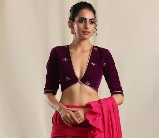 Wine Velvet Embroidered Stitched Blouse