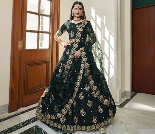 Heavy Designer Green Organza Semi Stitched Lehenga With Unstitched Blouse
