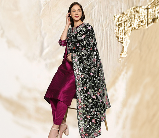 Women's Parsi Gara Thread Work Embroidered Georgette Black & Multicolour Dupatta