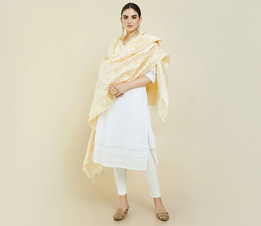 Women Off White Brocade Floral Dupatta
