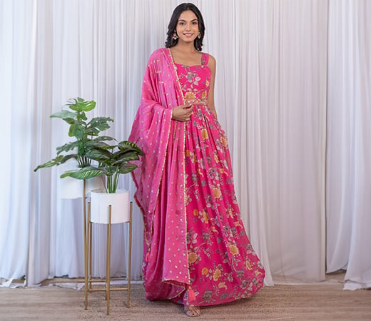 Pink Floral Handwork Anarkali Dress with Embellished Belt & Dupatta