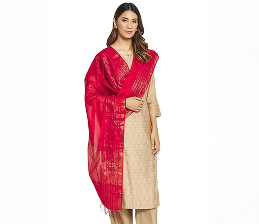 Red Maheshwari Cotton Silk Dupatta
