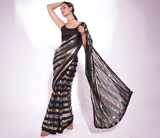 Black Georgette Stripes Embellished and Sequined Saree and Unstitched Blouse