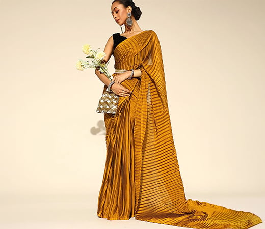 Yellow Party Wear Georgette Pleated Saree with Unstitched Blouse