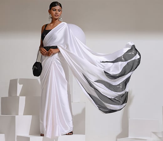 I Choose Black and White Satin Saree without Blouse