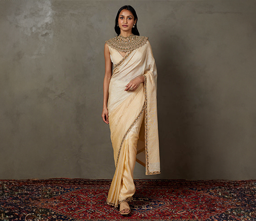 Off White Multi Machine & Hand Emb Deepali Saree with Stitched Blouse