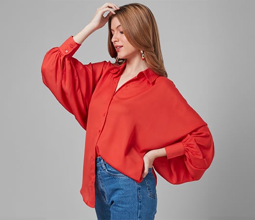 Women Solar Orange Solid Poly Crepe Oversized Casual Shirt